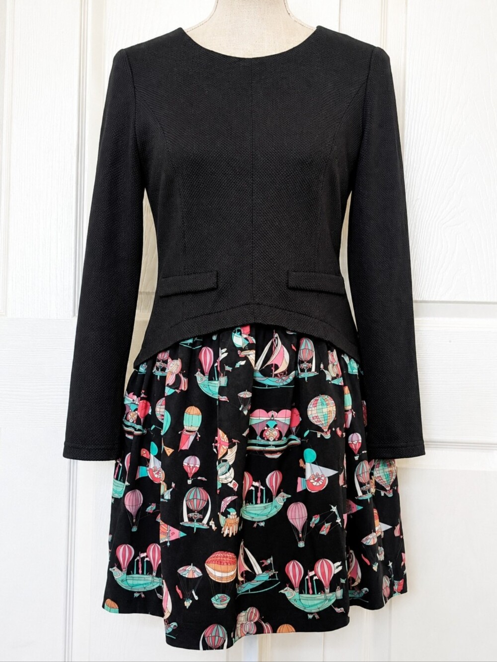 Veeko Black Long Sleeve Dress with Colorful Balloon Print Skirt
